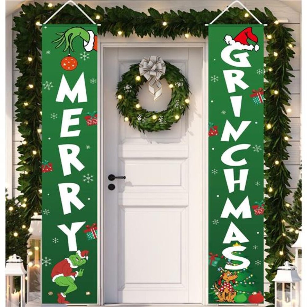 Merry Grinchmas Banner, Christmas Porch Door Welcome‎ Sign for Indoor/Outdoor